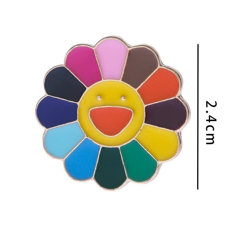 Pin's Broche Email | Smiley Fleur Tournesol | Multicouleurs Arc en Ciel | Kawaii Mignon