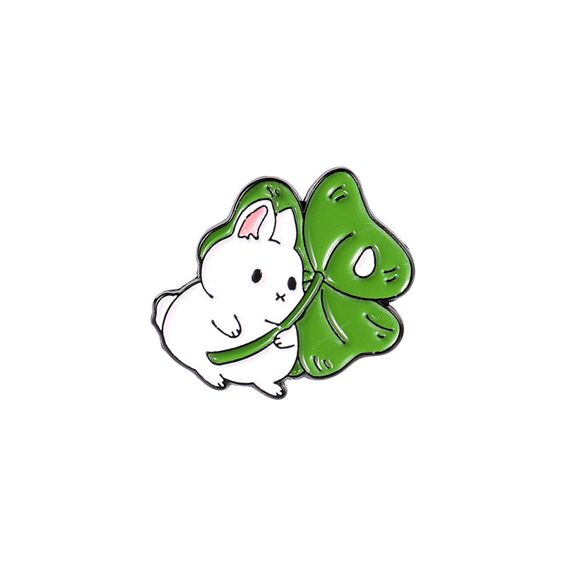 Pin's Broche Email | Lapin Trèfle chanceux | Vert | 4 feuilles de trèfle | Kawaii