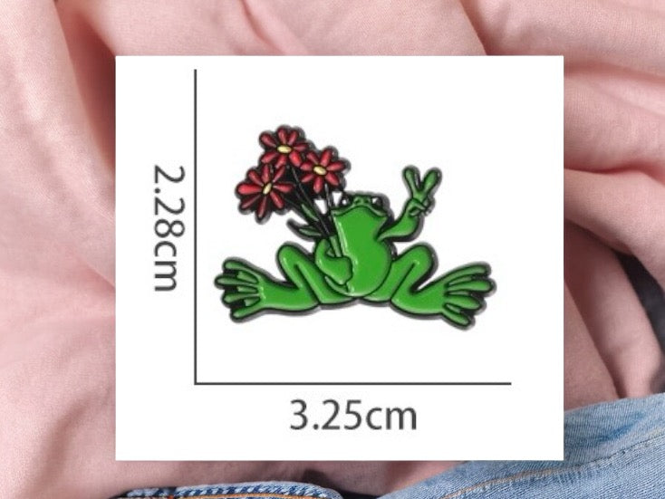 Pin's Broche Email | Grenouille Bouquet de Fleurs | Peace and Love | Amoureux des Grenouilles | Mignon Vert | Kawaii