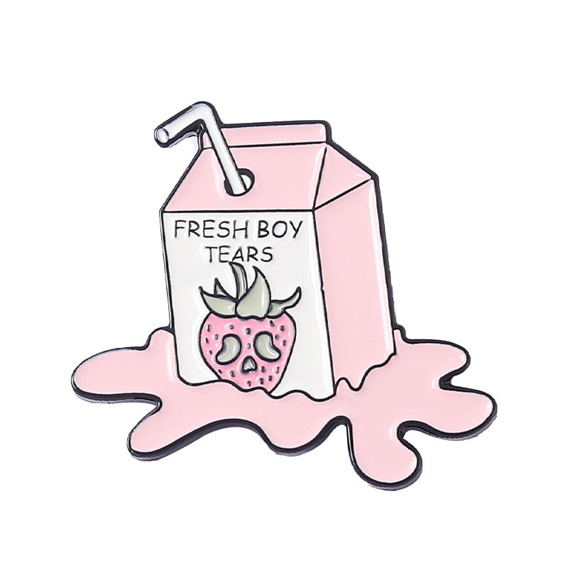 Pin's Broche Email | Brique Lait Fraise Milk | Fresh Boy Tears | Boisson Sucrée | Lait | Mignon Rose | Kawaii Humour