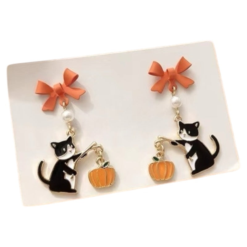 Boucles Oreilles | Pendants d'oreilles | Chat Citrouille | Cuivre Plaqué Or