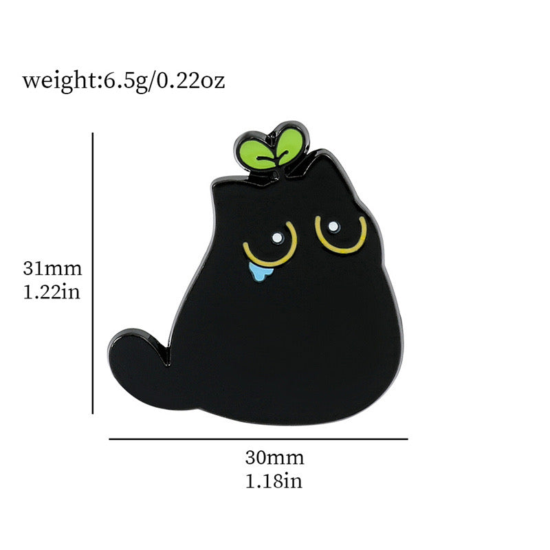 Pin's Broche Email | Chat Noir Triste feuille sur la tête | Chaton Mignon | Kawaii | Fun | Humour