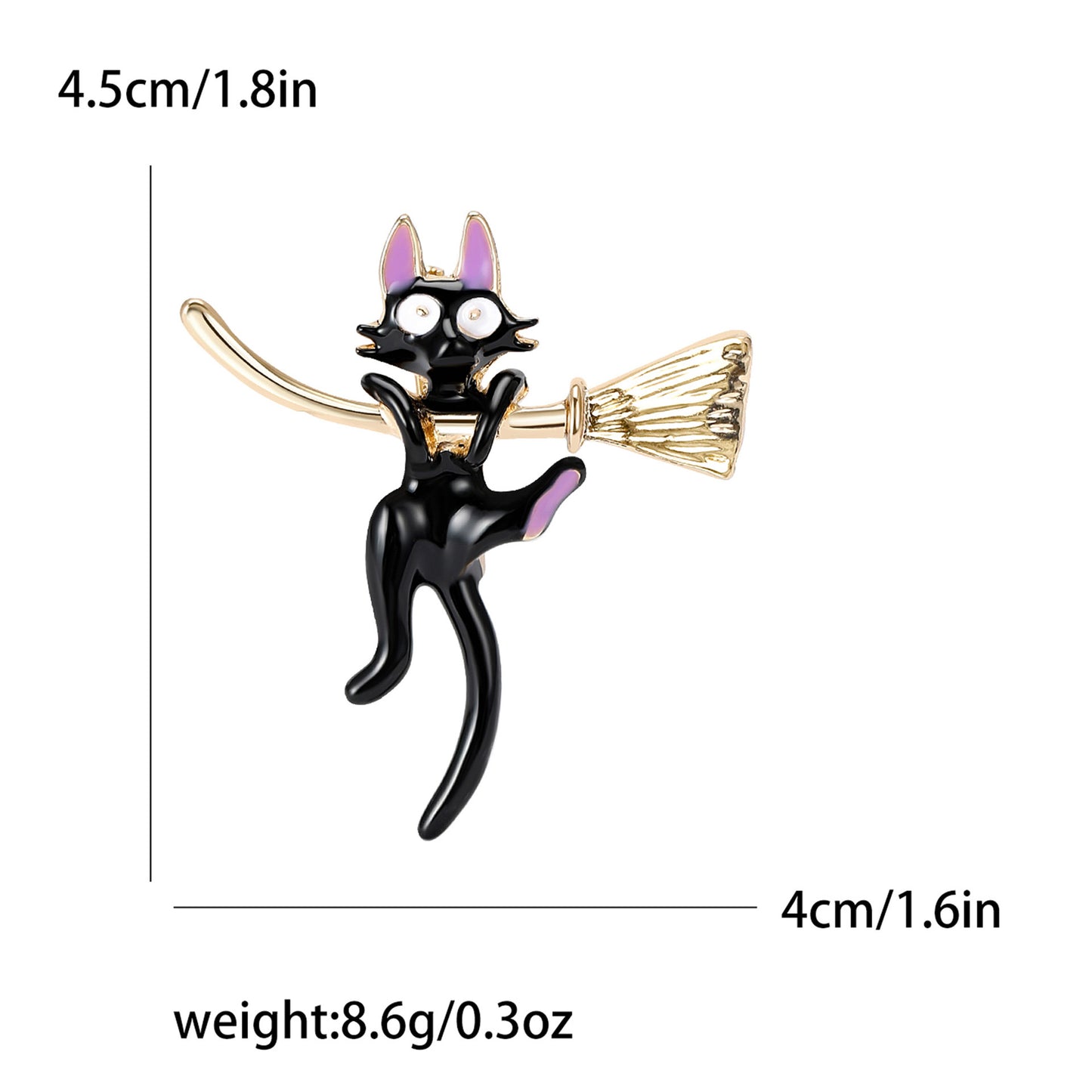 Broche Email | Chat Balai Sorcière | Chat Noir | Kawaii | Mignon Dessin Animé