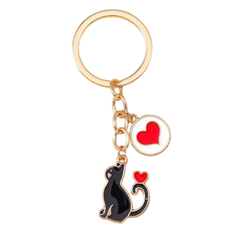 Porte Clés | Chat Noir Petit Coeur Rouge | Amoureux des chats | Humour | Kawaii | Mignon
