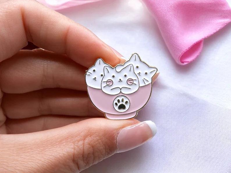 Email Brooch Pin | Kawaii Asian Kitchen Cat | Cat Bowl or Chinese Cat Baguette | Kawaii | Fun | Humor