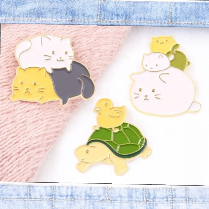 Pin's Broche Email | Animaux Empilées | Pile de chat, Tortue, Poussin | Kawaii | Fun | Humour