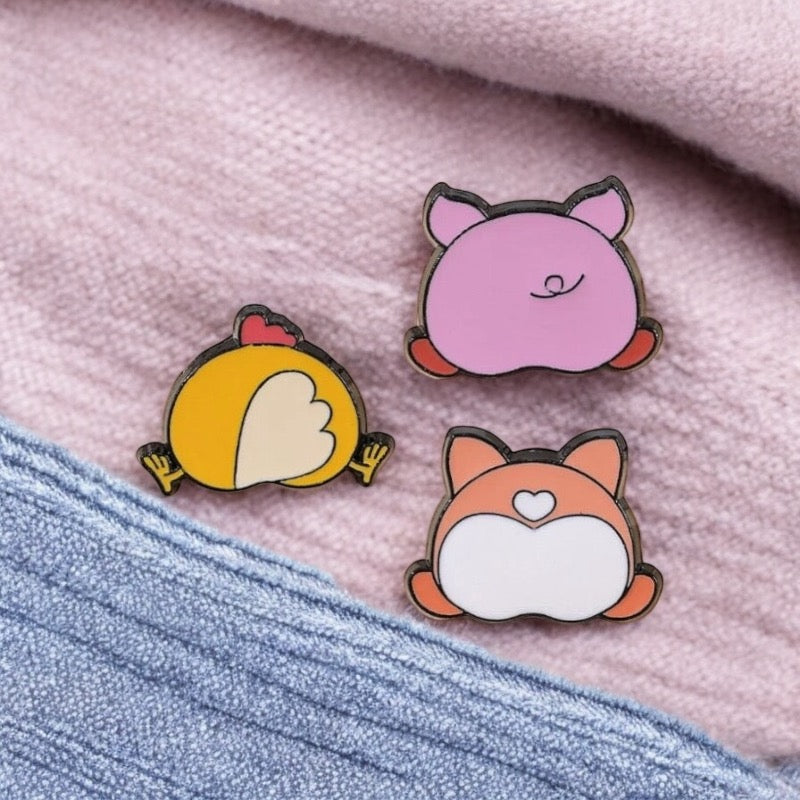 Pin's Broche Email | Derrière, Fesses d'animaux | Poulet Chien Cochon | Kawaii | Fun | Mignon Dessin Animé