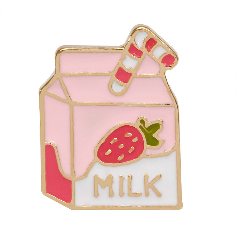 Pin's Broche Email | Brique Lait Fraise Milk | Boisson Sucrée | Lait | Mignon Rose | Kawaii