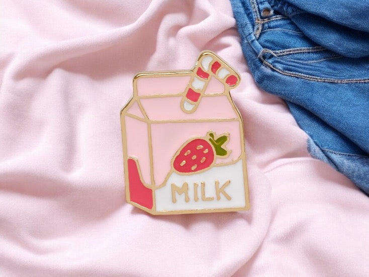 Pin's Broche Email | Brique Lait Fraise Milk | Boisson Sucrée | Lait | Mignon Rose | Kawaii