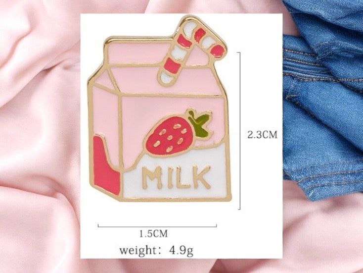 Pin's Broche Email | Brique Lait Fraise Milk | Boisson Sucrée | Lait | Mignon Rose | Kawaii