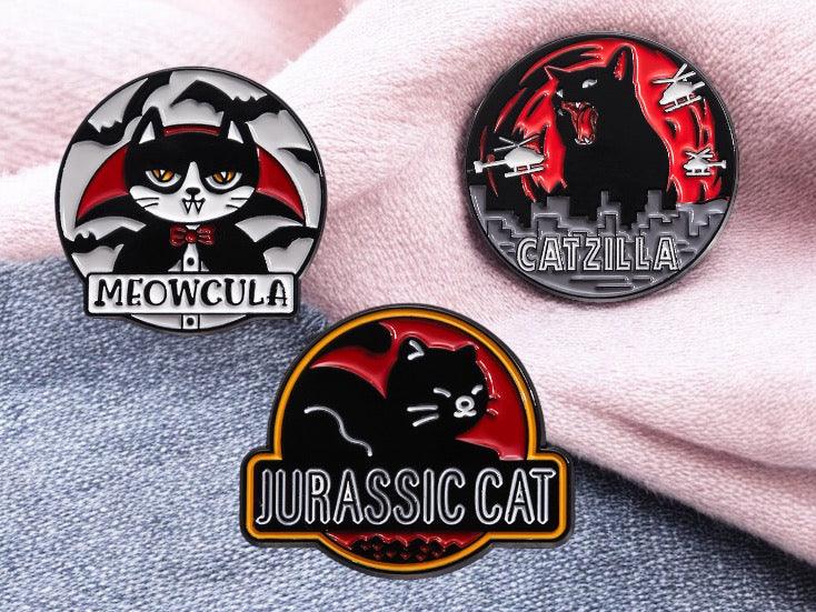 E-Mail-Brosche | Cartoon-Katzen-Humor | Parodie | JurrassicCat CatZilla Meowcula | Kawaii | Niedlich