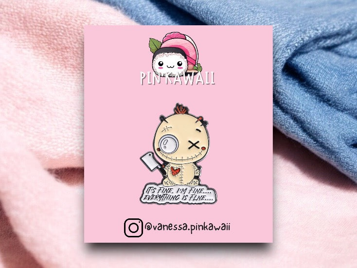 Pin's Broche Email | Poupée Vaudou Couteau I'm Fine | Humour | Mignon | Fun | Kawaii