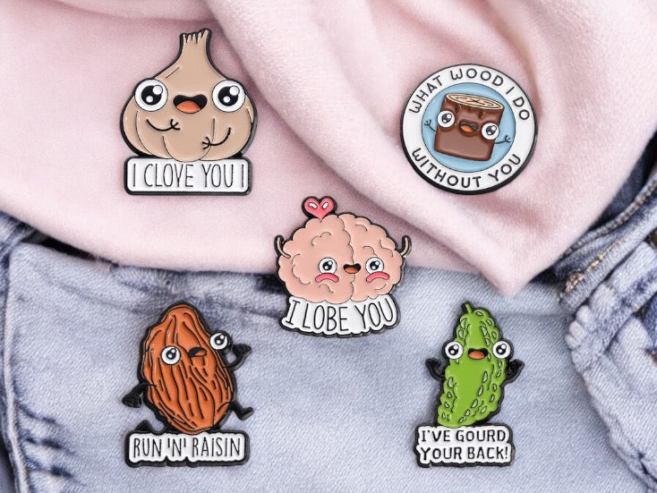 Pin's Broche Email | Légumes Bois Cerveau Raisin Sec Cornichon | Jeu de mot | Kawaii | Fun | Humour