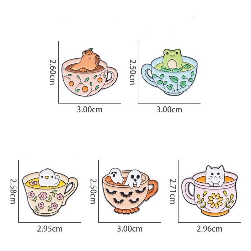 Pin's Broche Email | Mignon Tasse de Thé | Grenouille Cappy Poussin Chat Fantôme | Kawaii | Fun | Mignon Dessin Animé