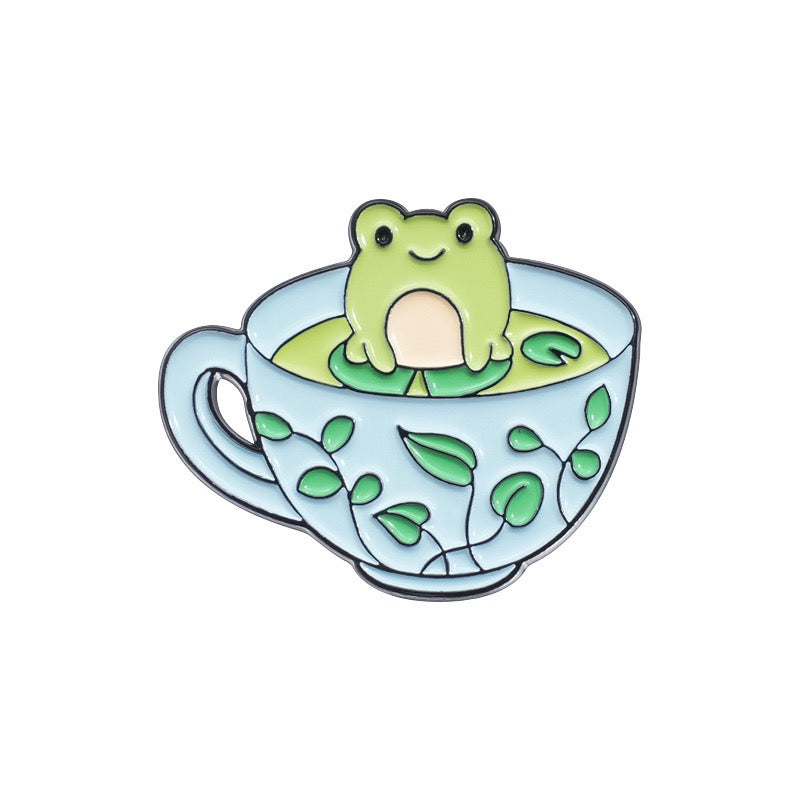 Pin's Broche Email | Mignon Tasse de Thé | Grenouille Cappy Poussin Chat Fantôme | Kawaii | Fun | Mignon Dessin Animé