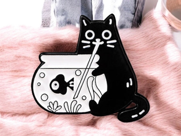 Pin's Broche Email |  Chat Aquarium | Chat Noir | Humour Dessin Animé | Kawaii | Fun