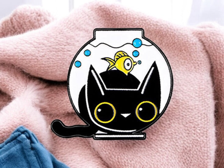 Pin's Broche Email |  Chat Aquarium | Chat Noir | Humour Dessin Animé | Kawaii | Fun