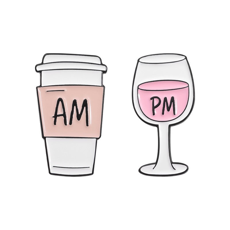 Lot de 2 Pin's Broche Email | Thermos de Café et Verre Vin | AM PM | Matin Soir | Mignon |Kawaii | Fun | Humour