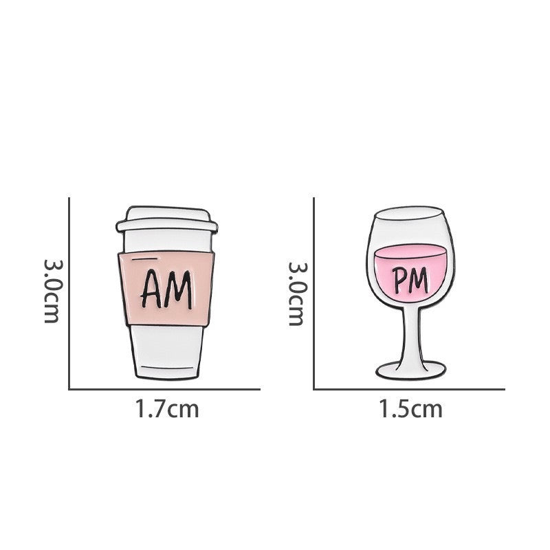 Lot de 2 Pin's Broche Email | Thermos de Café et Verre Vin | AM PM | Matin Soir | Mignon |Kawaii | Fun | Humour