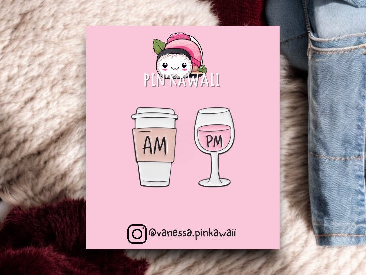 Lot de 2 Pin's Broche Email | Thermos de Café et Verre Vin | AM PM | Matin Soir | Mignon |Kawaii | Fun | Humour