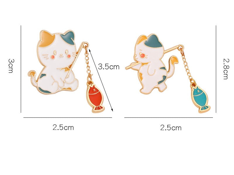 Pin's Broche Email | Chat Cane à Peche Poisson Rouge ou Bleu | Kawaii | Mignon