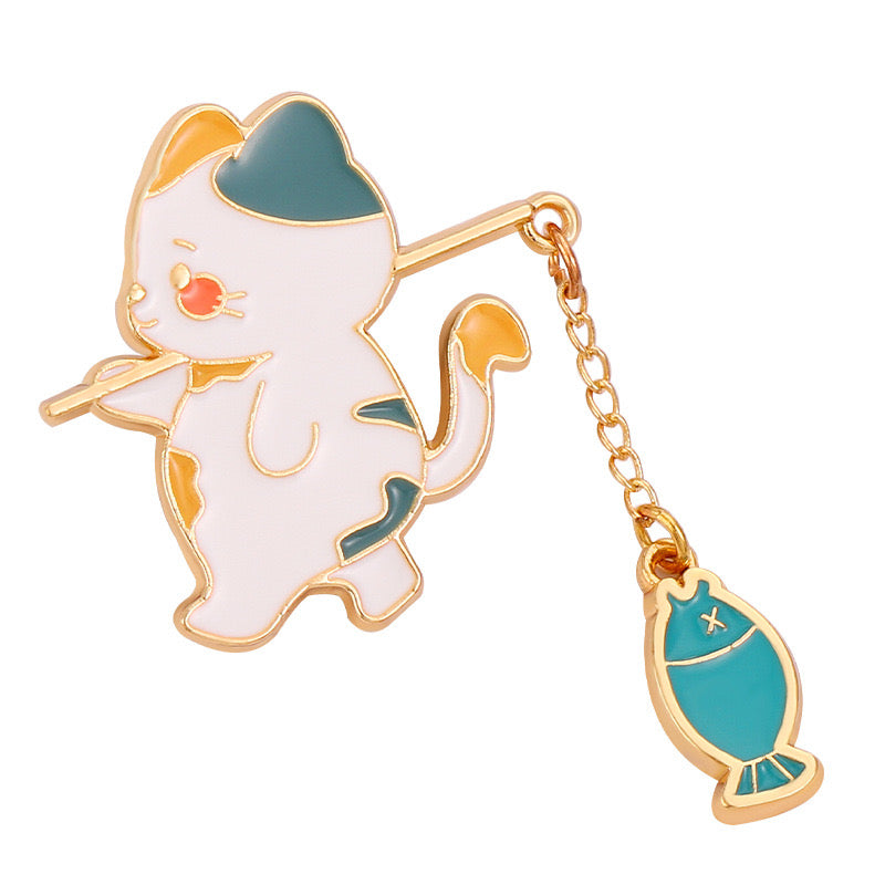 Pin's Broche Email | Chat Cane à Peche Poisson Rouge ou Bleu | Kawaii | Mignon
