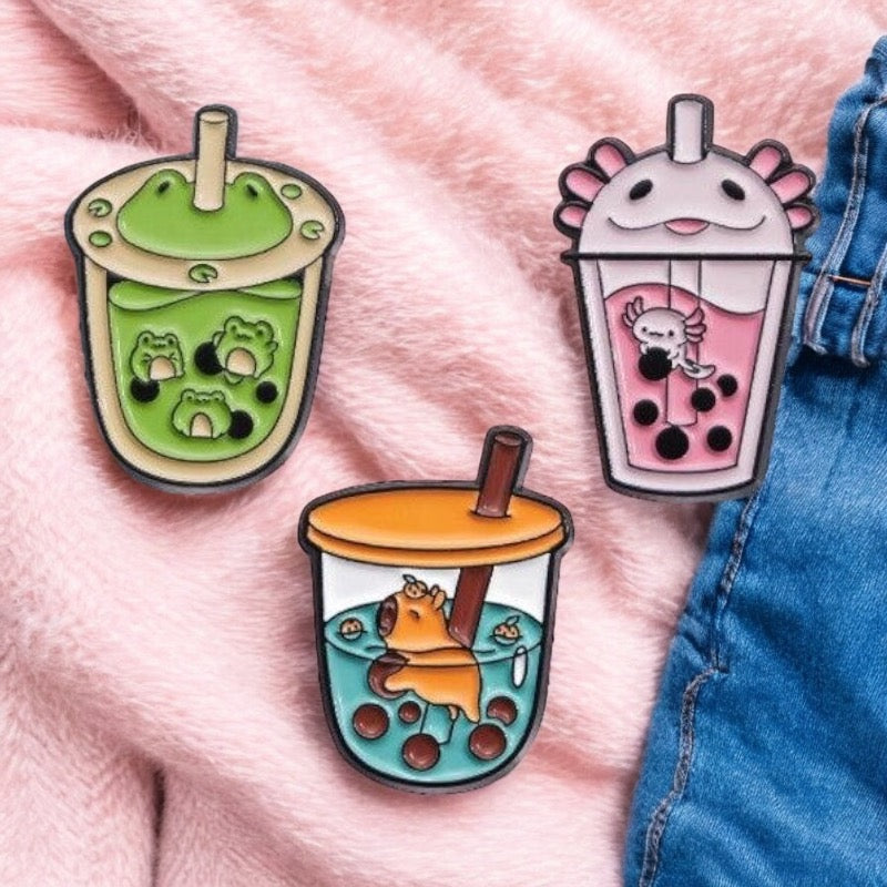 Pin's Broche Email | Boisson Smootie | Sirop | Grenouille Axolotl ou Cappy | Kawaii | Fun | Humour