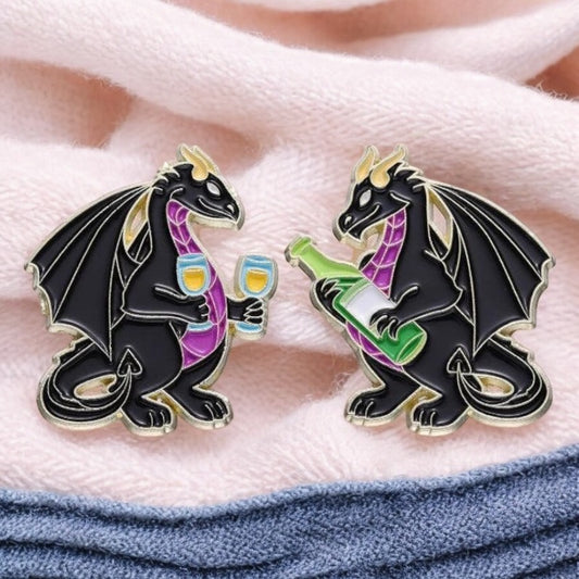 Set of 2 Enamel Brooch Pins | Dragons Bottle and Wine Glass | Wine Lovers | Humor | Kawaii | Fun