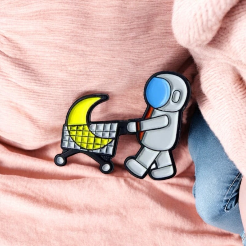 Email Brooch Pin | Astronaut Supermarket Cart with Moon | Kawaii | Cosmonaut