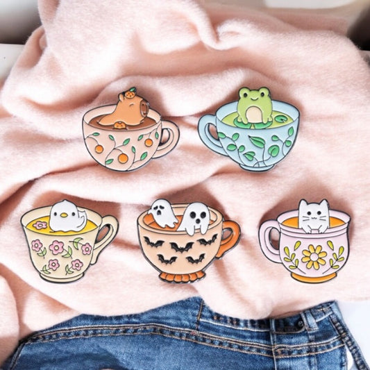 Pin's Broche Email | Mignon Tasse de Thé | Grenouille Cappy Poussin Chat Fantôme | Kawaii | Fun | Mignon Dessin Animé