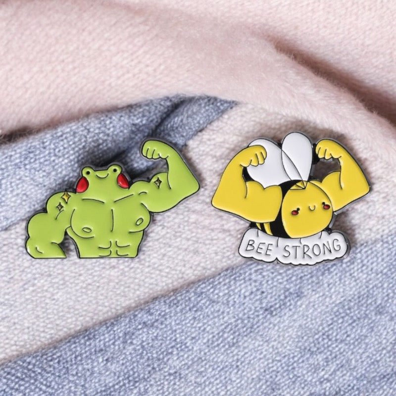 Pin's Broche Email | Grenouille ou Abeille | Culturiste Musculation | Kawaii | Fun | Humour