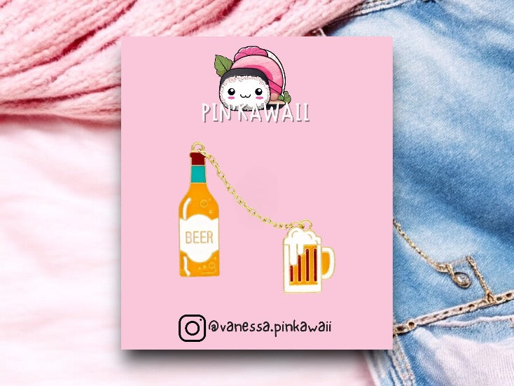 Lot de 2 Pin's Broche Email | Bière et Verre de Bierre | Humour | Kawaii Mignon