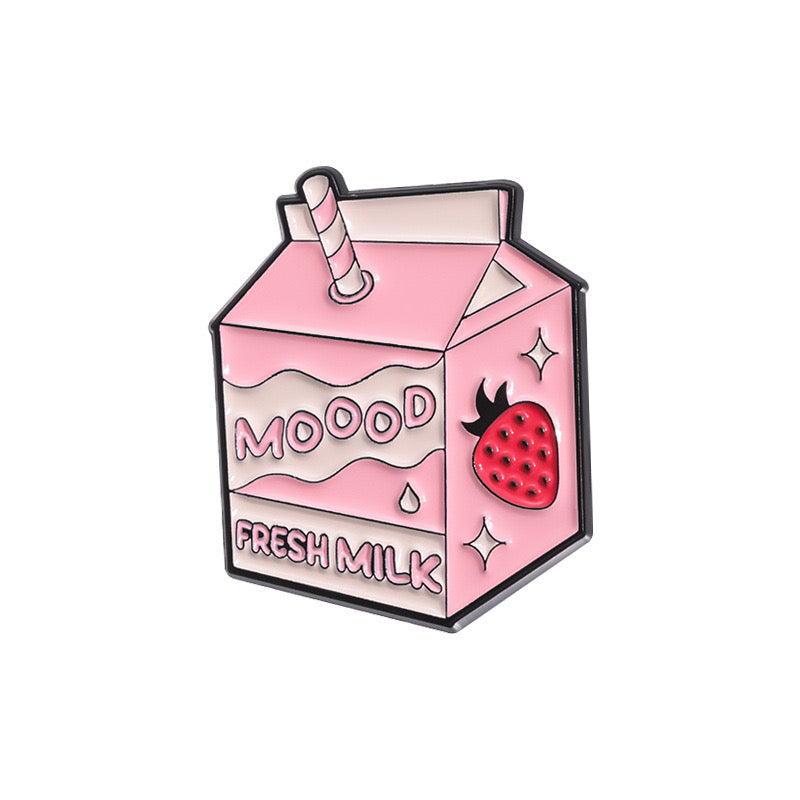 Pin's Broche Email | Brique Lait Fraise Milk | Boisson Sucrée | Lait | Mignon Rose | Kawaii