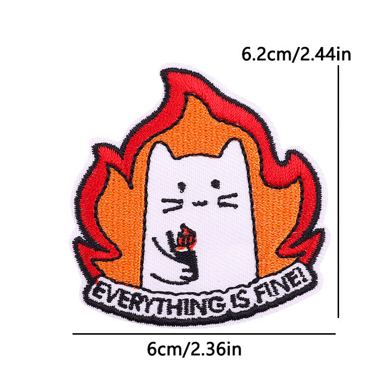 Tissu Broderie | Patch Ecusson Thermocollant Chat en Feu | Humour | Dessin Animé Mignon | Kawaii I'm Fine