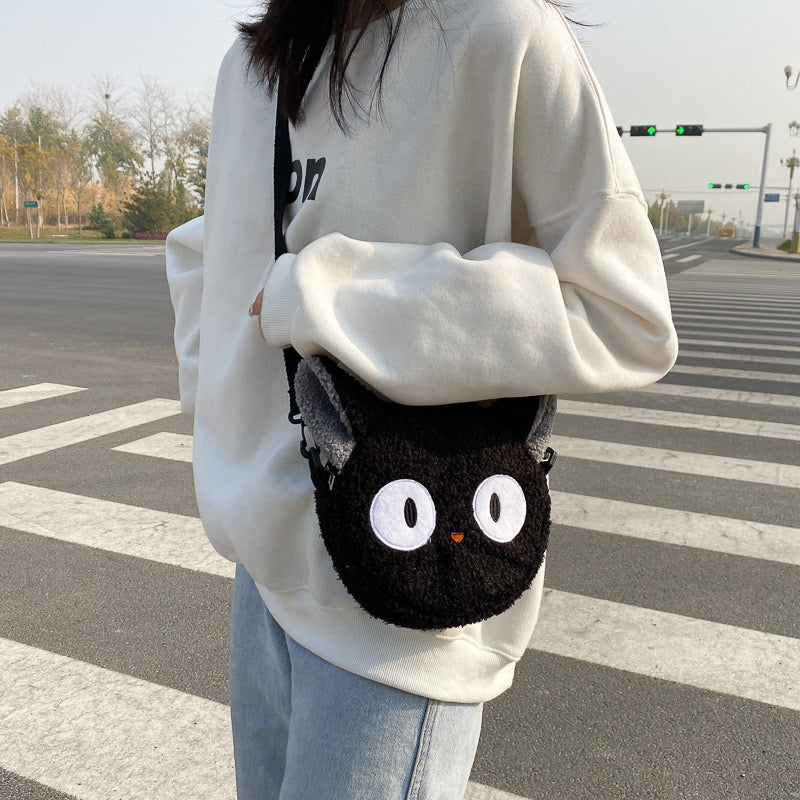 Sac Peluche Sac d'épaule Bandoulière | Sac Hiver | Chat Noir | Mignon Kawaii