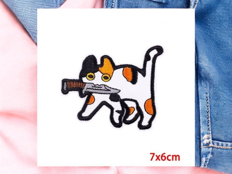 Tissu Broderie | Patch Ecusson Thermocollant Chat Couteau | Humour | Dessin Animé Mignon | Kawaii