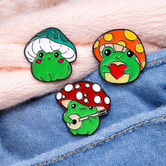 Pin's Broche Email | Grenouille Champignon | Forestier | Kawaii | Fun | Mignon Dessin Animé