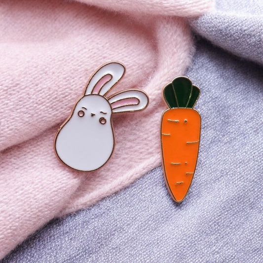 Lot de 2 Pin's Broche Email | Carotte & Lapin | Mignon | Kawaii | Fun