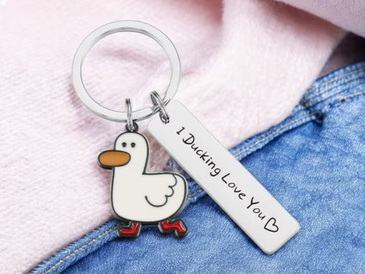 Porte Clés Acier Inoxydable | Canard Ducking Love you | Mignon Dessin Animée | Humour | Kawaii | Mignon Amoureux