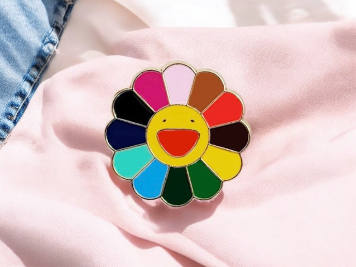 Pin's Broche Email | Smiley Fleur Tournesol | Multicouleurs Arc en Ciel | Kawaii Mignon