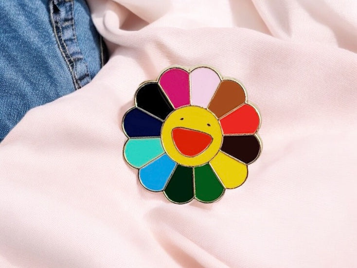 Pin's Broche Email | Smiley Fleur Tournesol | Multicouleurs Arc en Ciel | Kawaii Mignon