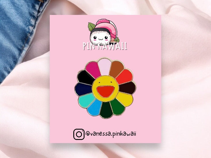 Pin's Broche Email | Smiley Fleur Tournesol | Multicouleurs Arc en Ciel | Kawaii Mignon