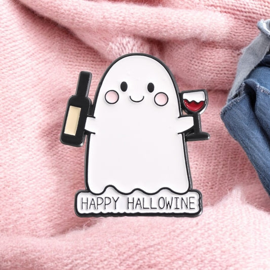 Pin's Broche Email | Fantôme Verre et Bouteille Vin | Fantome | Cute Mignon | Humour Fun Halloween Horreur | Kawaii