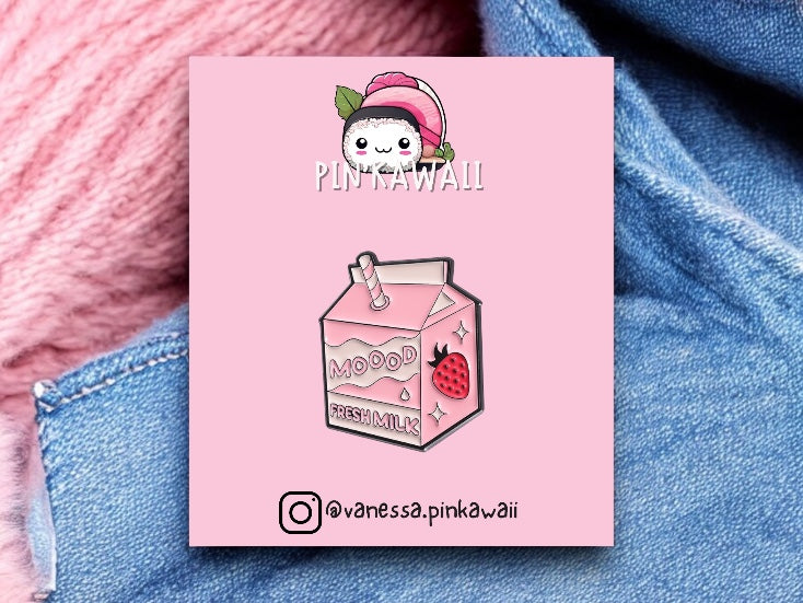 Pin's Broche Email | Brique Lait Fraise Milk | Boisson Sucrée | Lait | Mignon Rose | Kawaii