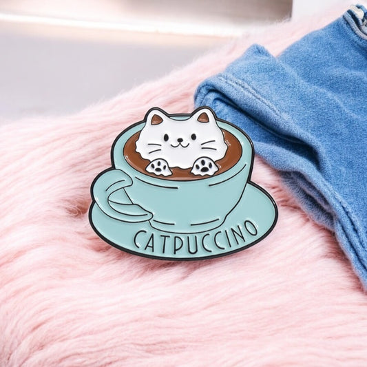 Pin's Broche Email | Tasse de Café | CatPuccino | Capuccino | Mignon |Kawaii | Fun | Humour