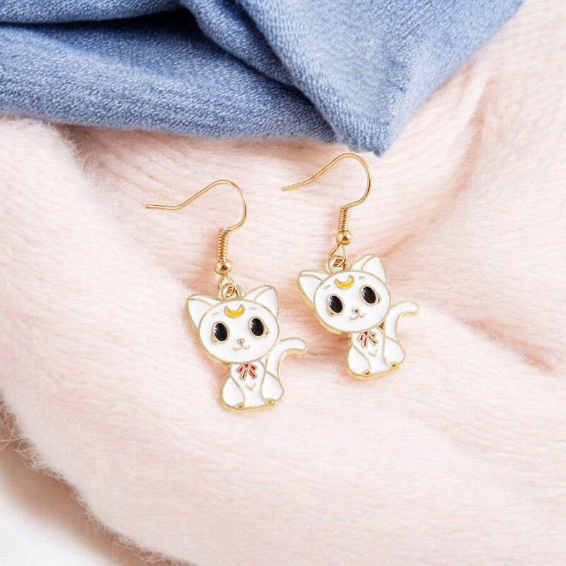 Boucles Oreilles | Pendants d'oreilles | Chat Noir ou Blanc | Cuivre Plaqué Or