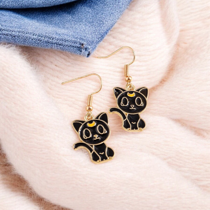 Boucles Oreilles | Pendants d'oreilles | Chat Noir ou Blanc | Cuivre Plaqué Or