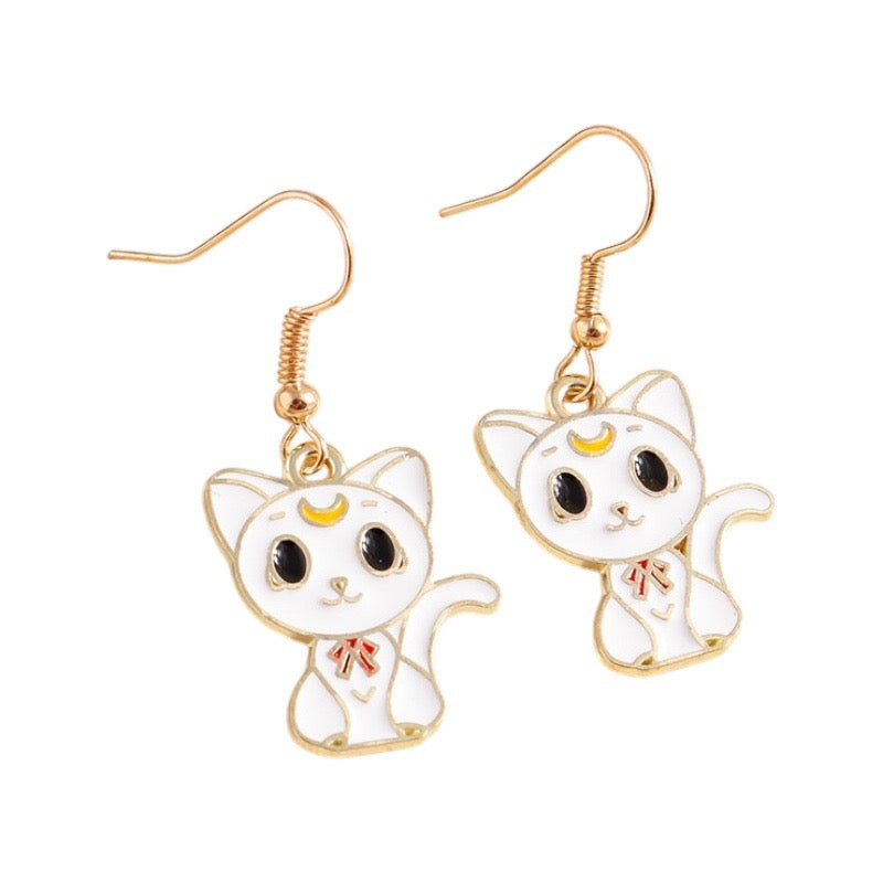 Boucles Oreilles | Pendants d'oreilles | Chat Noir ou Blanc | Cuivre Plaqué Or