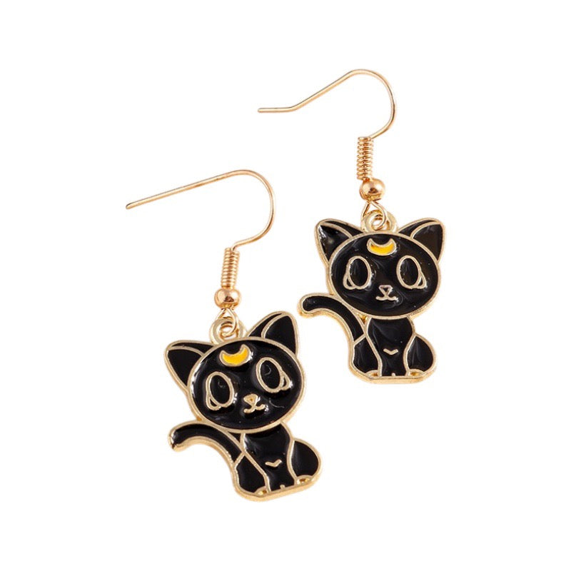 Boucles Oreilles | Pendants d'oreilles | Chat Noir ou Blanc | Cuivre Plaqué Or