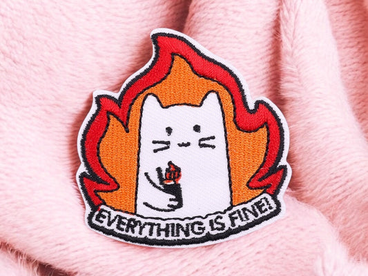 Tissu Broderie | Patch Ecusson Thermocollant Chat en Feu | Humour | Dessin Animé Mignon | Kawaii I'm Fine